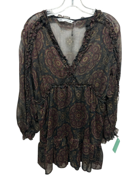 Zara Size XS Black, Red, Green Polyester Paisley Ruffle Babydoll Dress Black, Red, Green / XS