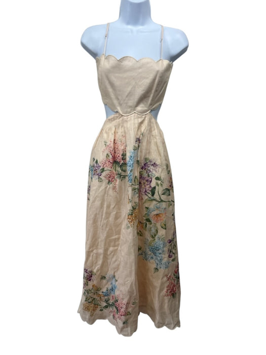 Zimmermann Size 4 Peach, Blue & Multi Linen Spaghetti Strap Floral Cut Out Dress Peach, Blue & Multi / 4