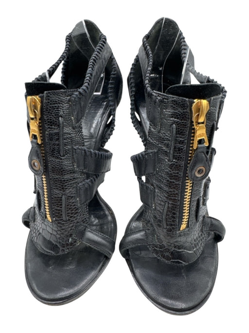 Balenciaga Shoe Size 37 Black Leather Upper Gold Tone Zipper Whipstitch Sandals Black / 37