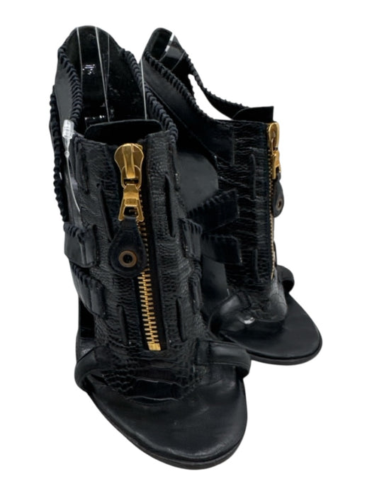 Balenciaga Shoe Size 37 Black Leather Upper Gold Tone Zipper Whipstitch Sandals Black / 37