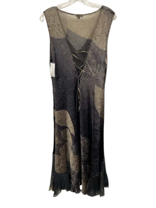 Komarov Size L Taupe Gray & Beige Polyester Scrunch Detail Leaf Motif Dress Taupe Gray & Beige / L