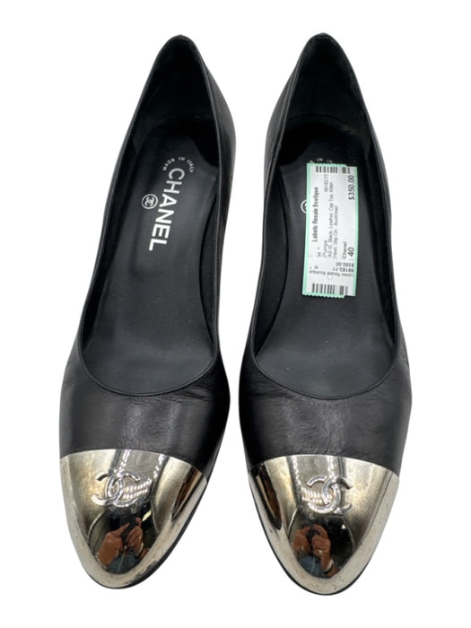 Chanel Shoe Size 40 Black Leather Cap Toe Kitten Heel Slip On Pumps Black / 40