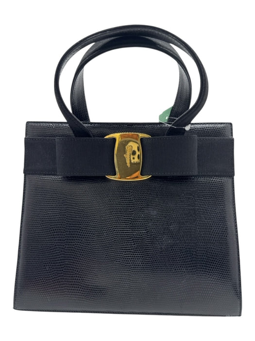 Ferragamo Black Leather Top Handle Gold Hardware Bow Detail Magnetic Clasp Bag Black / Mini