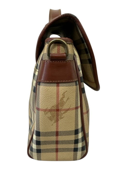 Burberry Tan & multi Coated Canvas Magnetic Closure Tartan Lined Top Handle Bag Tan & multi / S