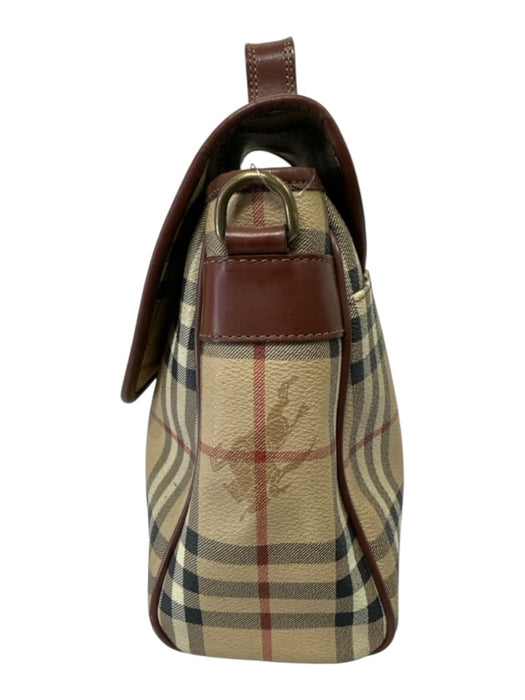 Burberry Tan & multi Coated Canvas Magnetic Closure Tartan Lined Top Handle Bag Tan & multi / S