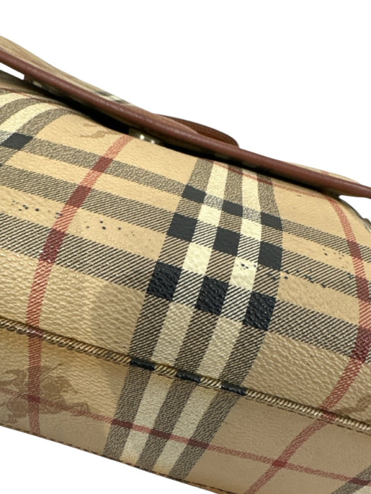 Burberry Tan & multi Coated Canvas Magnetic Closure Tartan Lined Top Handle Bag Tan & multi / S