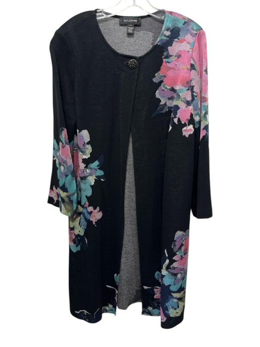 St. John Size 14/12 Black & Multi Wool Blend Knit Floral Button Front Dress Set Black & Multi / 14/12