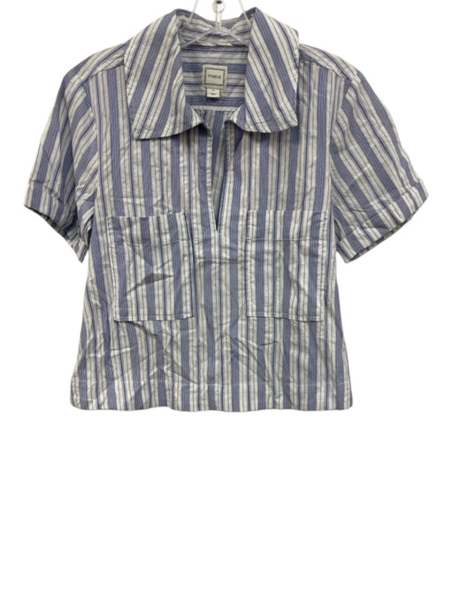 Maeve Size XS Blue & White Cotton Blend Stripe Pockets short sleeve Top Blue & White / XS