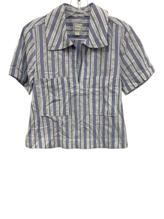Maeve Size XS Blue & White Cotton Blend Stripe Pockets short sleeve Top Blue & White / XS