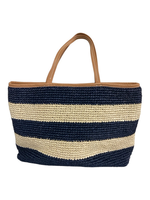 Tory Burch White, Brown, Navy Leather Woven Raffia Stripe Bag White, Brown, Navy