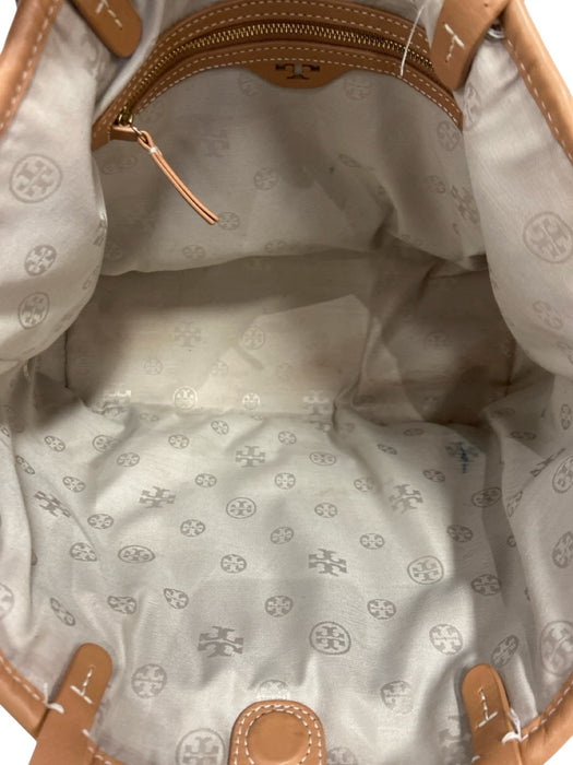 Tory Burch White, Brown, Navy Leather Woven Raffia Stripe Bag White, Brown, Navy