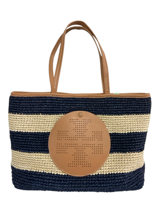 Tory Burch White, Brown, Navy Leather Woven Raffia Stripe Bag White, Brown, Navy