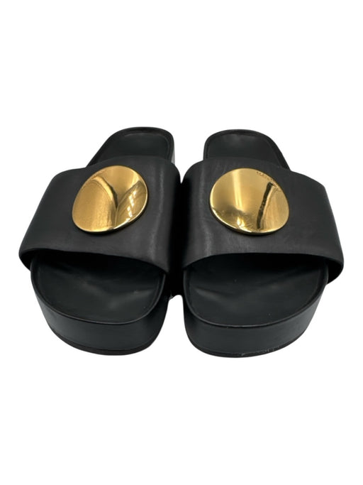 Tory Burch Shoe Size 10 Black & Gold Leather Slide Gold Button Detail Sandals Black & Gold / 10