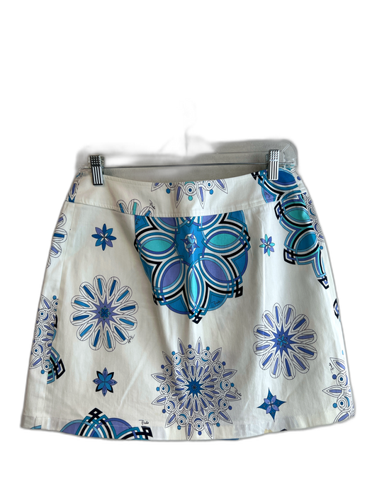Emilio Pucci Size 8 White, Blue & Purple Cotton Abstract Floral 2 button Skirt White, Blue & Purple / 8