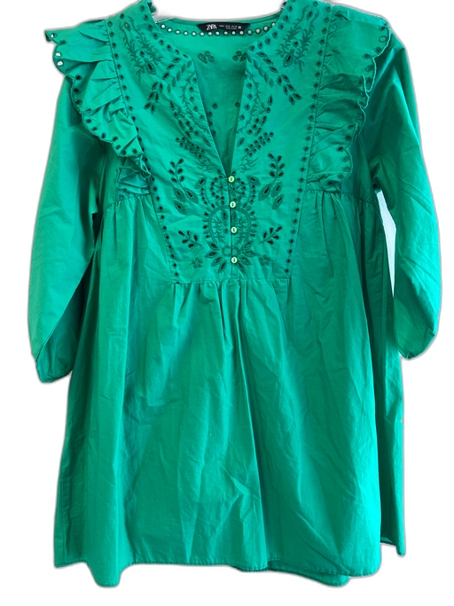 Zara Size M Green No Fabric Tag V Neck 3 button Balloon Sleeve Dress Green / M
