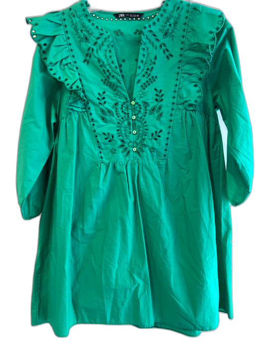 Zara Size M Green No Fabric Tag V Neck 3 button Balloon Sleeve Dress Green / M
