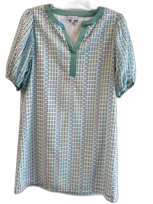 S'edge Size M Green, White & Blue Polyester Collarless Balloon Sleeve Dress Green, White & Blue / M