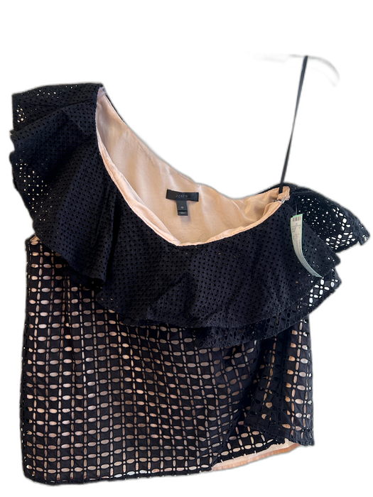 J Crew Size 10 Black Cotton One Shoulder Ruffle Side Zip Lined Top Black / 10