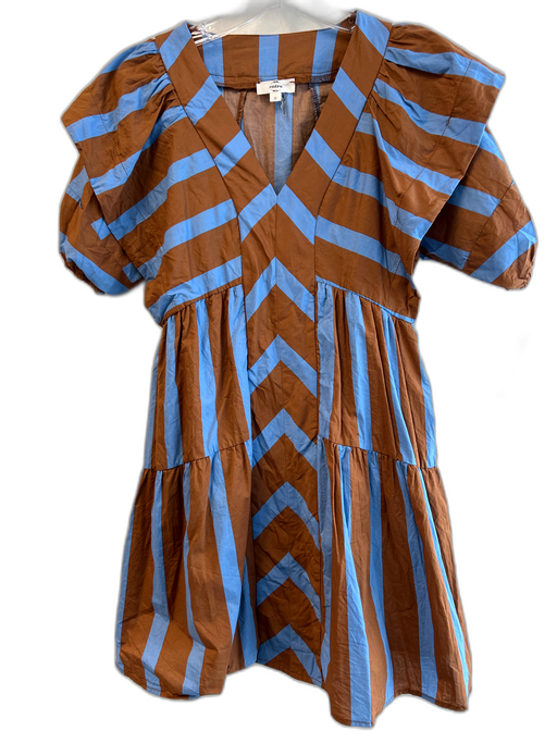 Entro Size S Blue & Brown Cotton V Neck Striped Balloon Sleeve Pockets Dress Blue & Brown / S