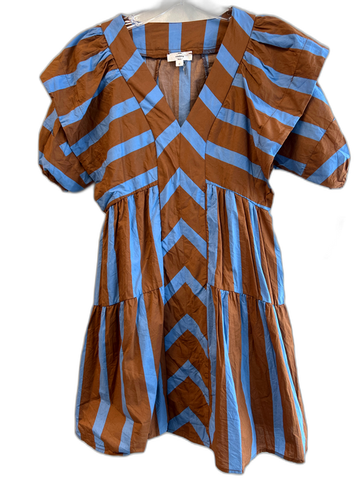 Entro Size S Blue & Brown Cotton V Neck Striped Balloon Sleeve Pockets Dress Blue & Brown / S