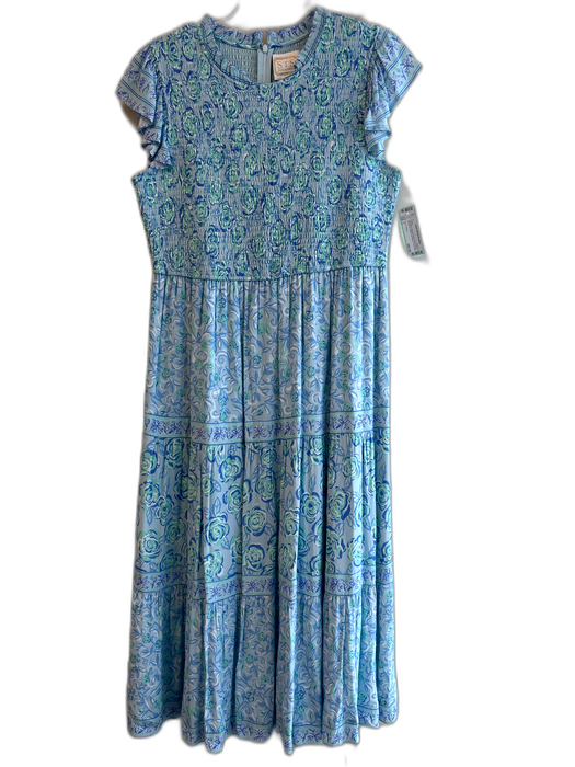 Sail To Sable Size L Light Blue Viscose Rayon Round Neck Smocking Floral Dress Light Blue / L