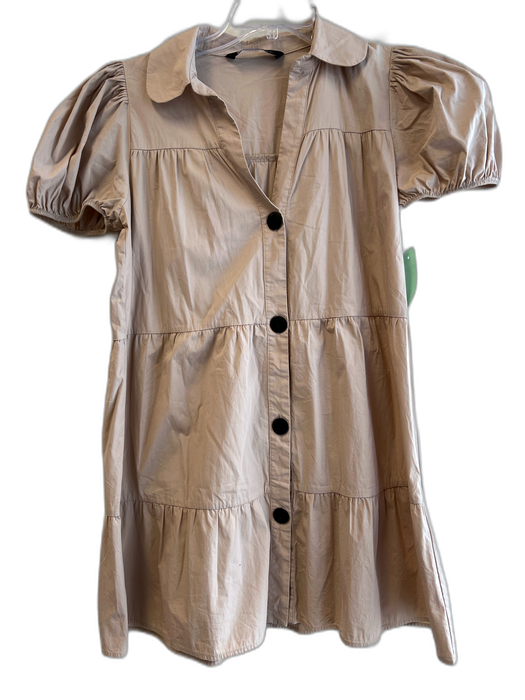 Zara Size S Khaki Cotton Blend Collar Button Down Balloon Sleeve Tiered Dress Khaki / S
