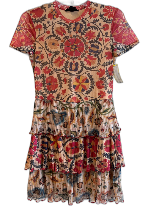 Desigual Size Medium Tan & Orange Polyester Short Sleeve Round Neck Floral Dress Tan & Orange / Medium