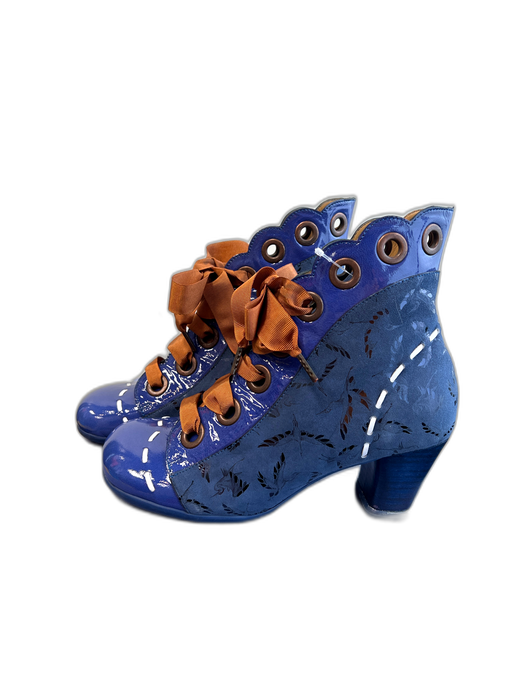 John Fluevog Shoe Size 8 Blue Leather & Patent Leather Ankle Bootie Shoes Blue / 8