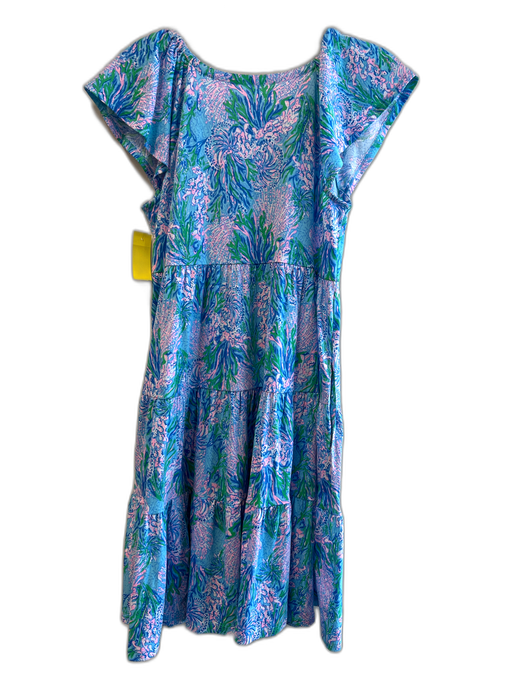 Lilly Pulitzer Size Medium Blue, Pink & Green Cotton Cap Sleeve V Neck Dress Blue, Pink & Green / Medium