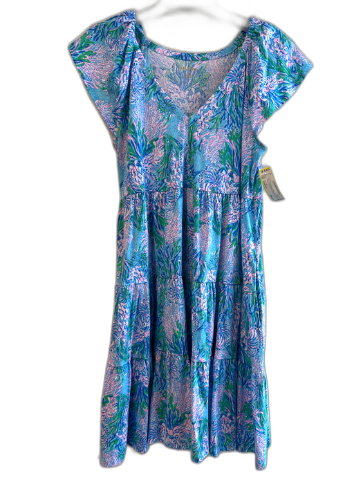 Lilly Pulitzer Size Medium Blue, Pink & Green Cotton Cap Sleeve V Neck Dress Blue, Pink & Green / Medium