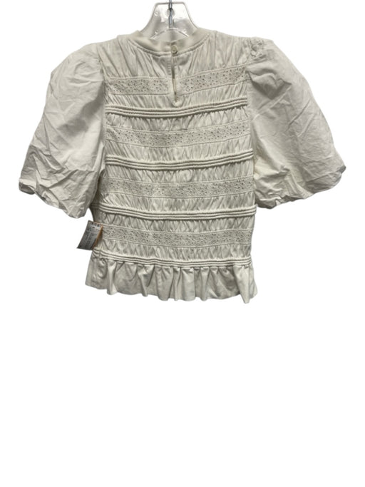 Sea New York Size XS White Cotton Short Puff Sleeve Eyelet Ribbed Detail Top White / XS