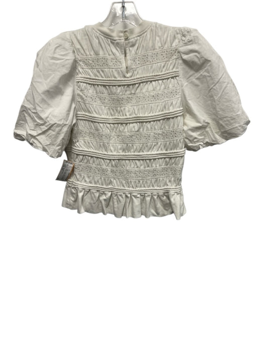 Sea New York Size XS White Cotton Short Puff Sleeve Eyelet Ribbed Detail Top White / XS