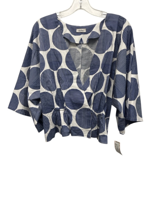 Tiche Size XS Blue & White Print Cotton Surplice Circles & Stripes Top Blue & White Print / XS