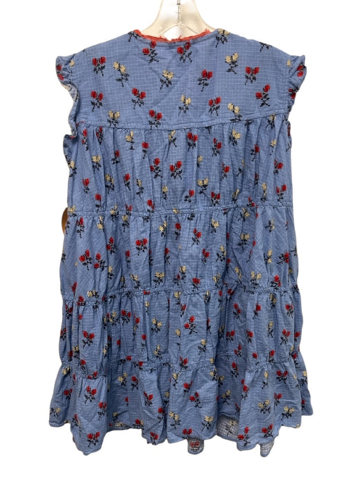 Free People Size XS Blue & Red Print Cotton Button Down Floral Tiered Dress Blue & Red Print / XS