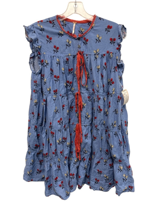 Free People Size XS Blue & Red Print Cotton Button Down Floral Tiered Dress Blue & Red Print / XS