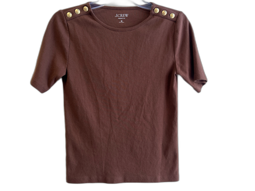 J Crew Size M Brown Cotton Short Sleeve solid color Round Neck Button Detail Top Brown / M
