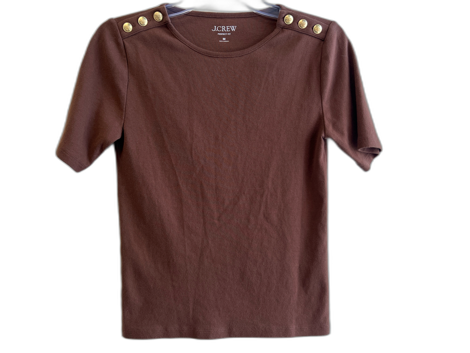J Crew Size M Brown Cotton Short Sleeve solid color Round Neck Button Detail Top Brown / M
