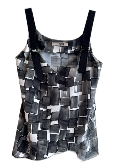 Go > Go Silk Size S Grey & Black 100% Silk Buckle Detail Square Print V Neck Top Grey & Black / S