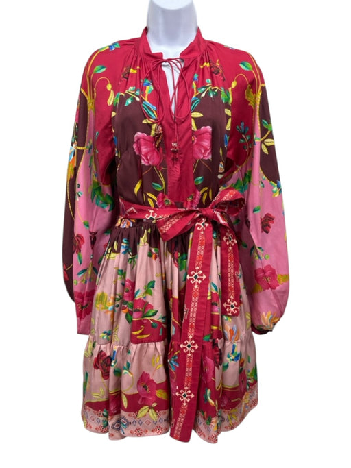 La Fuori Size M Red, Pink & Multi Silk Floral Long Balloon Sleeve Dress Red, Pink & Multi / M