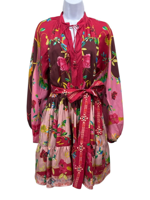 La Fuori Size M Red, Pink & Multi Silk Floral Long Balloon Sleeve Dress Red, Pink & Multi / M
