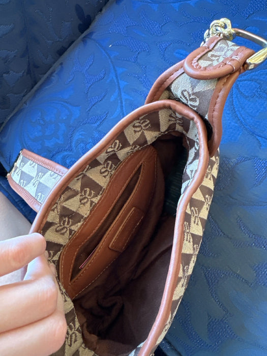 Sandro Taupe & Brown Canvas Logo Leather Accents Chain Strap Turn Lock Bag