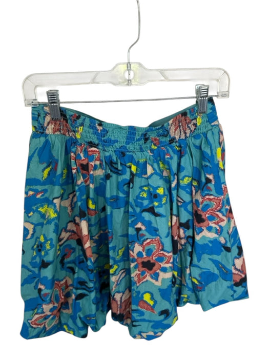 Cleobella Size L Teal & Yellow Cotton Elastic Waist Flowers Bubble Hem Skirt Teal & Yellow / L