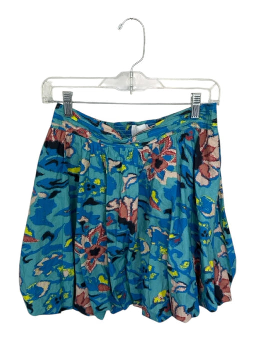 Cleobella Size L Teal & Yellow Cotton Elastic Waist Flowers Bubble Hem Skirt Teal & Yellow / L