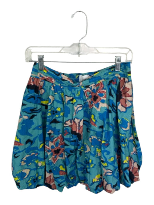 Cleobella Size L Teal & Yellow Cotton Elastic Waist Flowers Bubble Hem Skirt Teal & Yellow / L