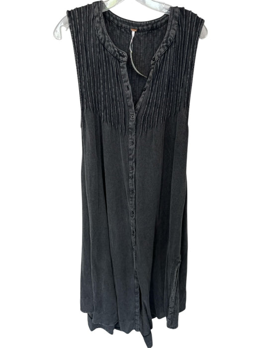 Free People Size XS Black Cotton Maxi Pleated Detail Button Up Sleeveless Dress Black / XS