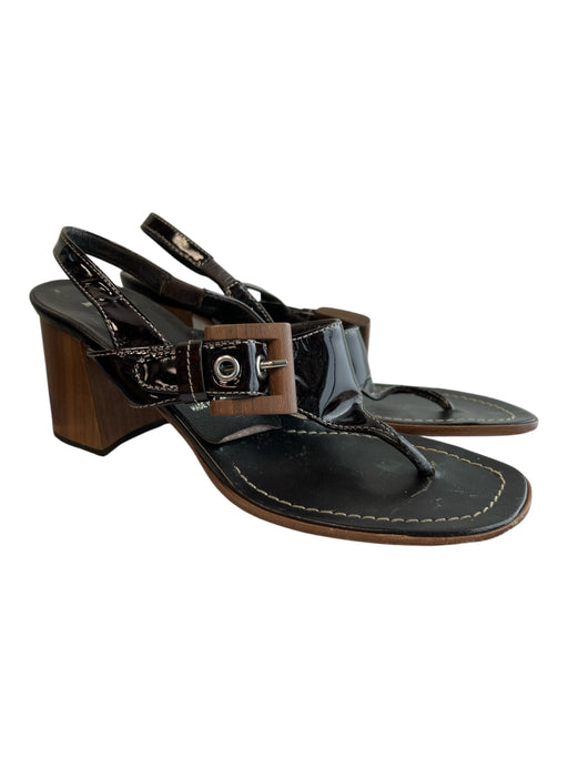 Prada Shoe Size 34.5 Brown Patent Leather Wood Heel Slingback Buckle Shoes Brown / 34.5