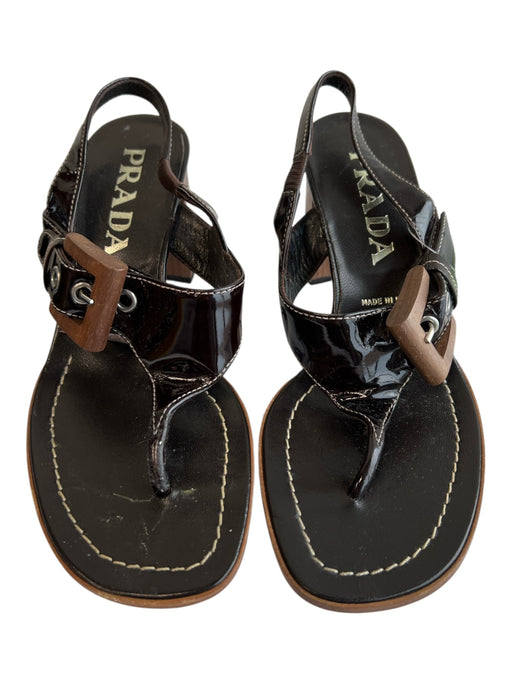 Prada Shoe Size 34.5 Brown Patent Leather Wood Heel Slingback Buckle Shoes Brown / 34.5