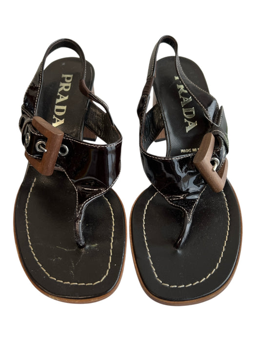 Prada Shoe Size 34.5 Brown Patent Leather Wood Heel Slingback Buckle Shoes Brown / 34.5