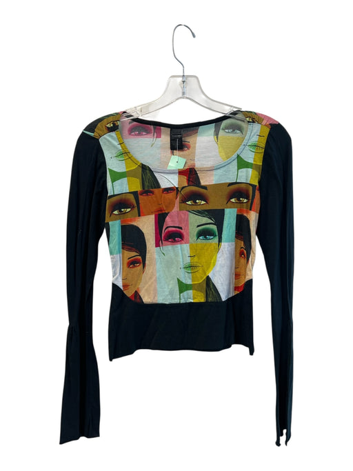 Custo Size 2 Black & Multi Cotton Long Sleeve Faces Wide Neck Top Black & Multi / 2