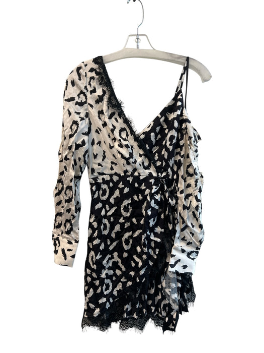 Self Portrait Size 2 Black & White Viscose Animal Print Long Sleeve V Neck Dress Black & White / 2